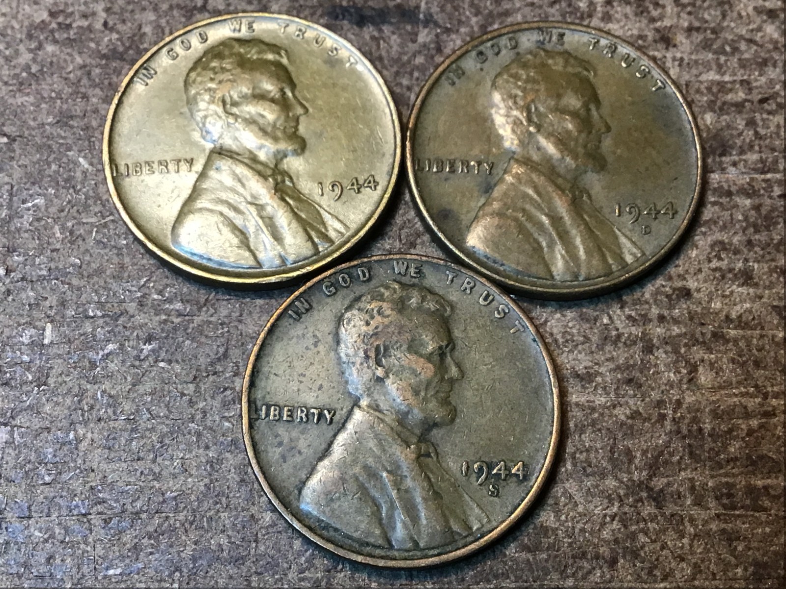 1944-P,D,S  LINCOLN CENTS, 3 PENNY SET