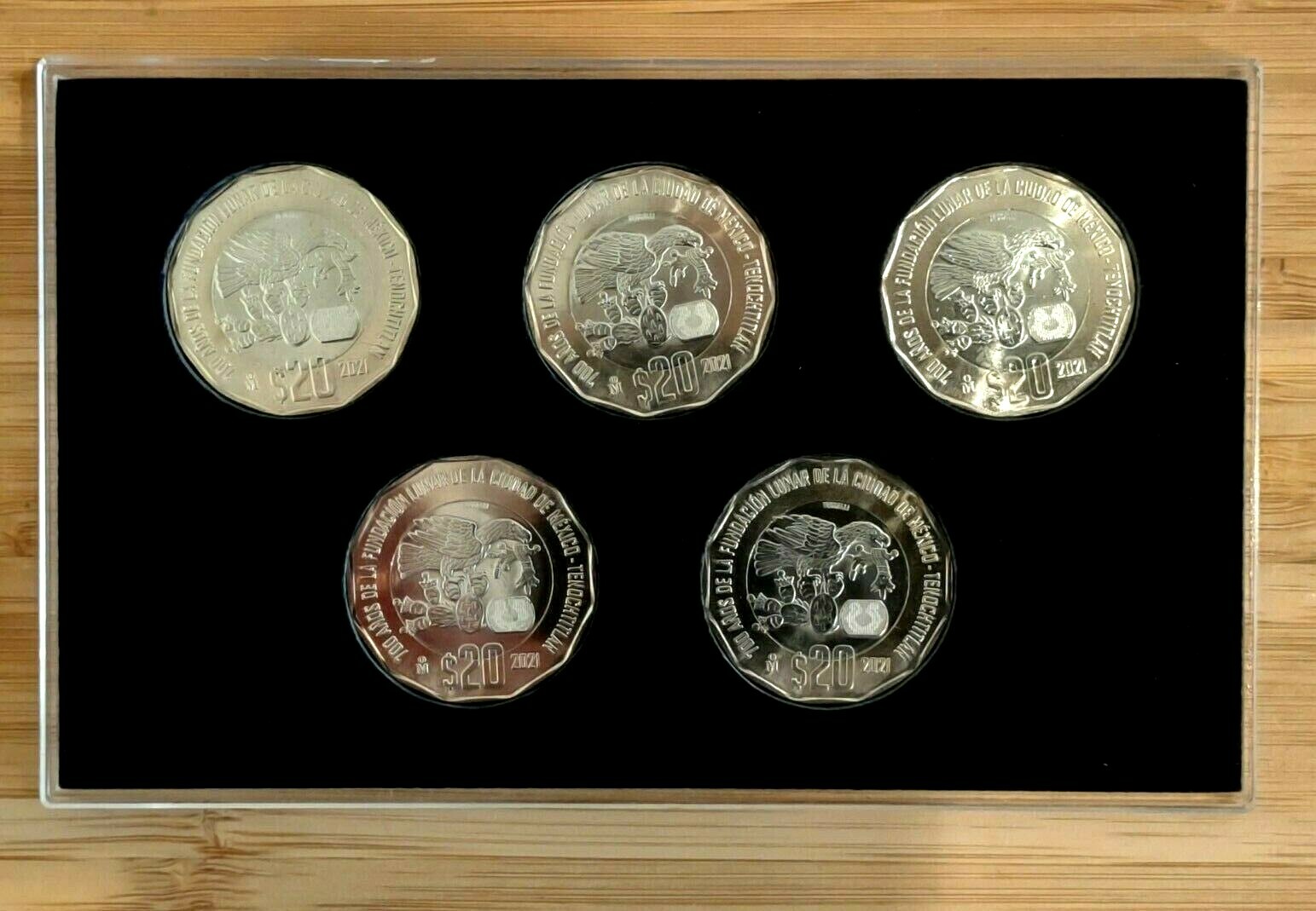 LOT OF 5 MEXICO 20 PESOS COIN  700 ANOS FUNDACION LUNAR MEXICO  ACRYLIC  DISPLAY