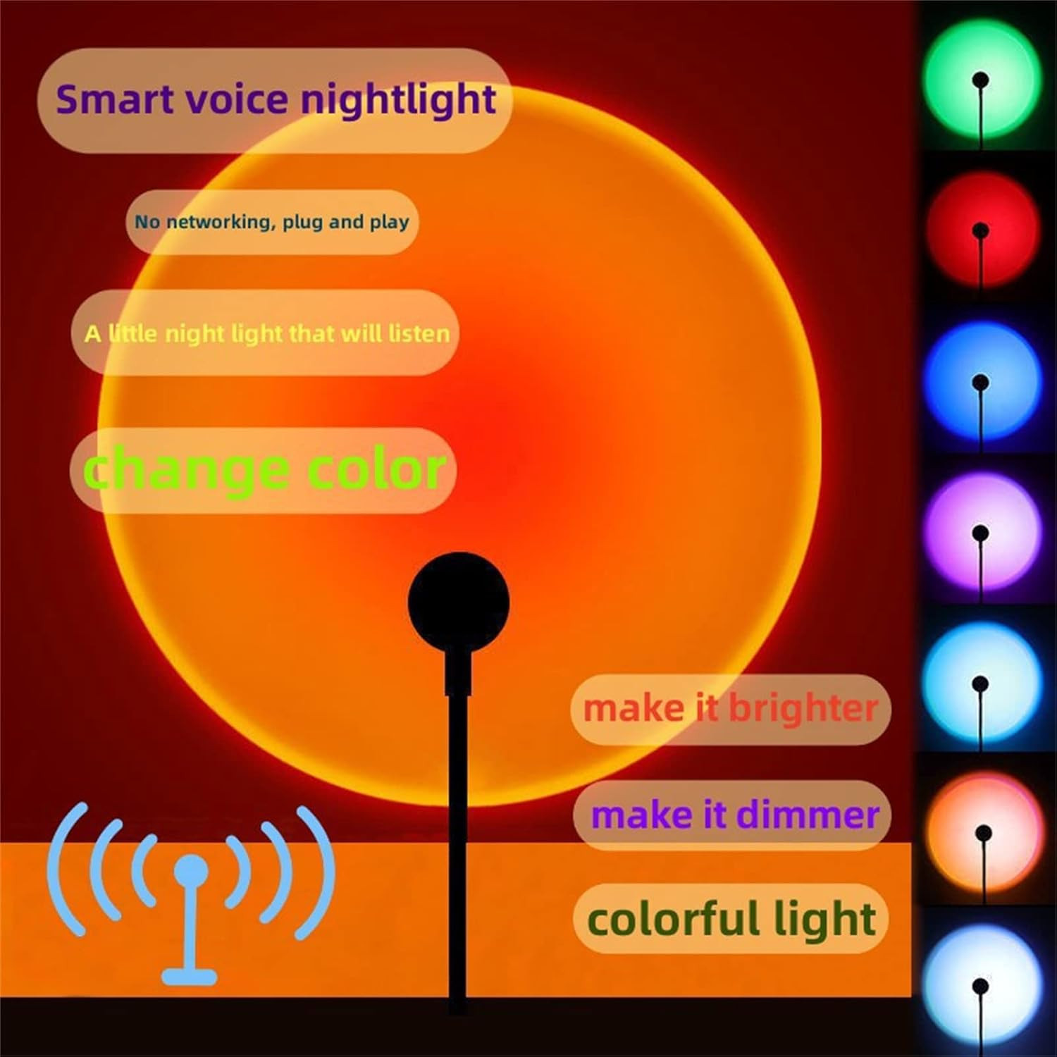 USB Sunset Projection Light, 7 Colors-8 Lighting Modes Voice Control Sunset Lamp