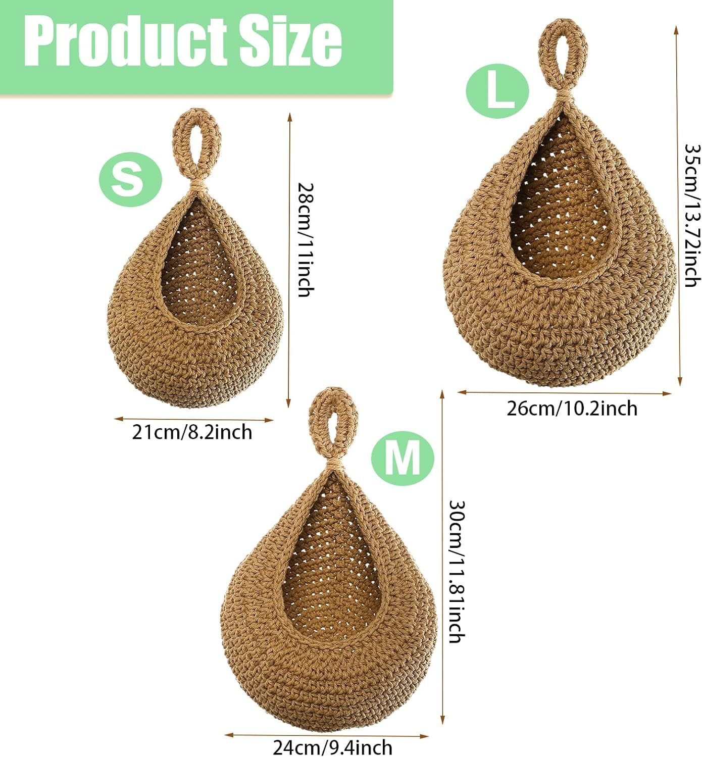Hanging Fruit Baskets for Kitchen - Handwoven in 3 Sizes Boho Wall Hanging