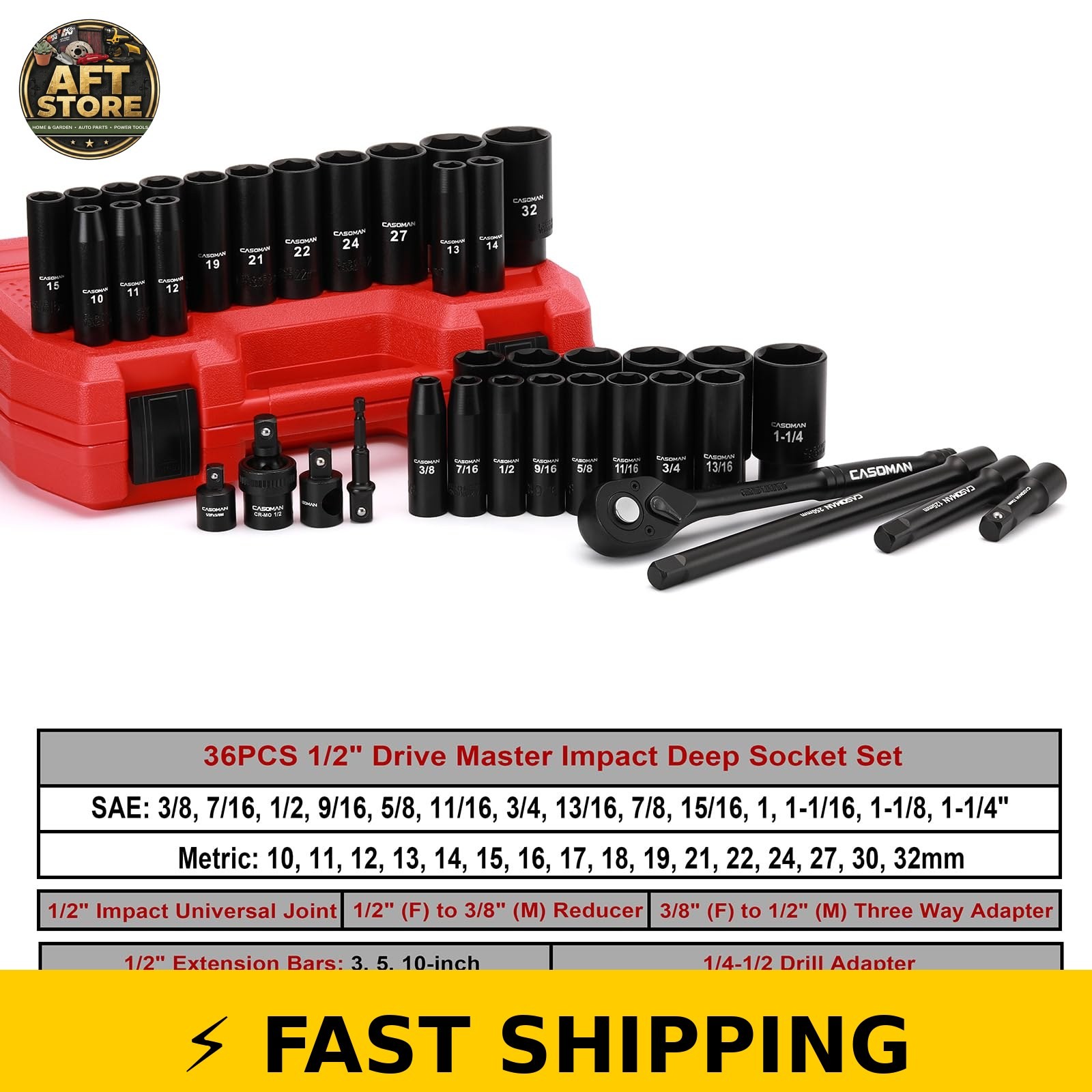 CASOMAN 38-Piece 1/2" Drive Impact Socket Set, SAE & Metric