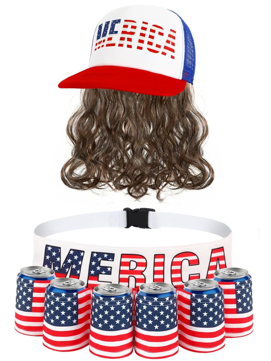 2 Pcs Fourth of July Patriotic Beverage Beer Belt Holder and USA Mullet Hat Brow