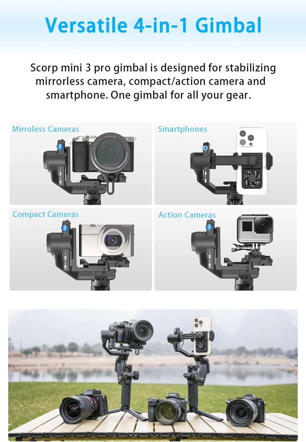FeiyuTech SCORP Mini 3 Pro Kit, AI Tracking Camera Stabilizer w/ Accessories
