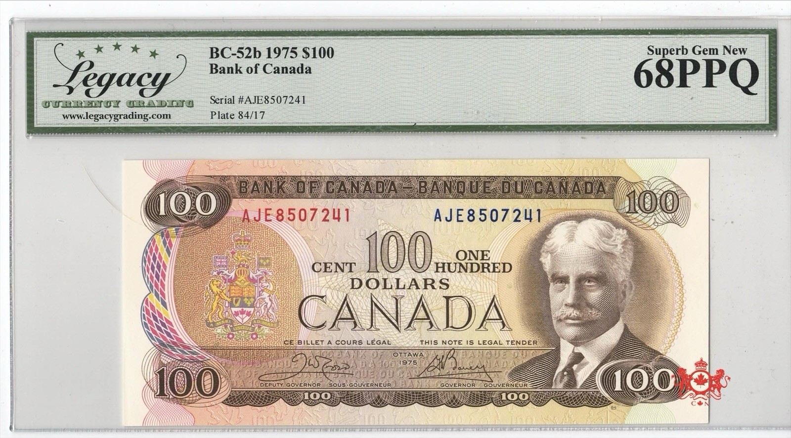 1975 Bank Of Canada 100$ Crow/Bouey AJE8507241 - Legacy UNC68PPQ -