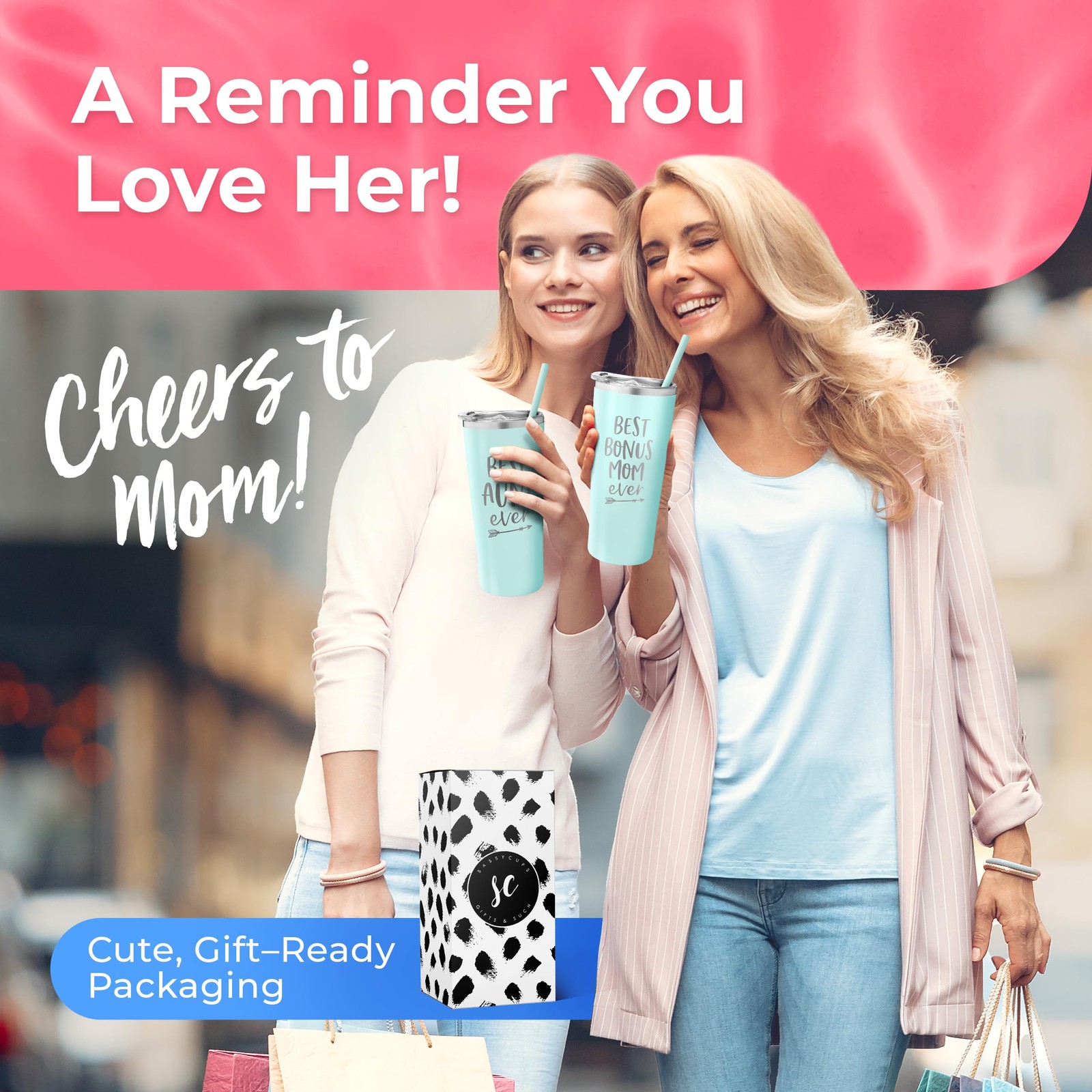 Best Bonus Mom Ever Tumbler 22 Ounce Engraved Mint Stainless Steel Gift Boxed