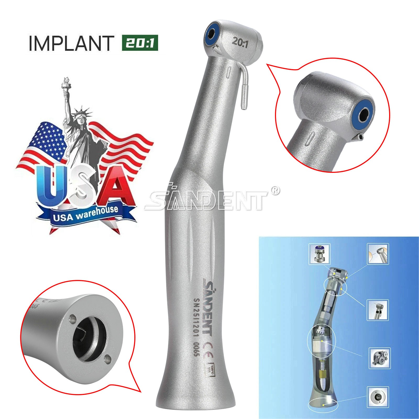 NSK Style Dental 20:1 Reduction Implant Low Speed Contra Angle Handpiece E-type