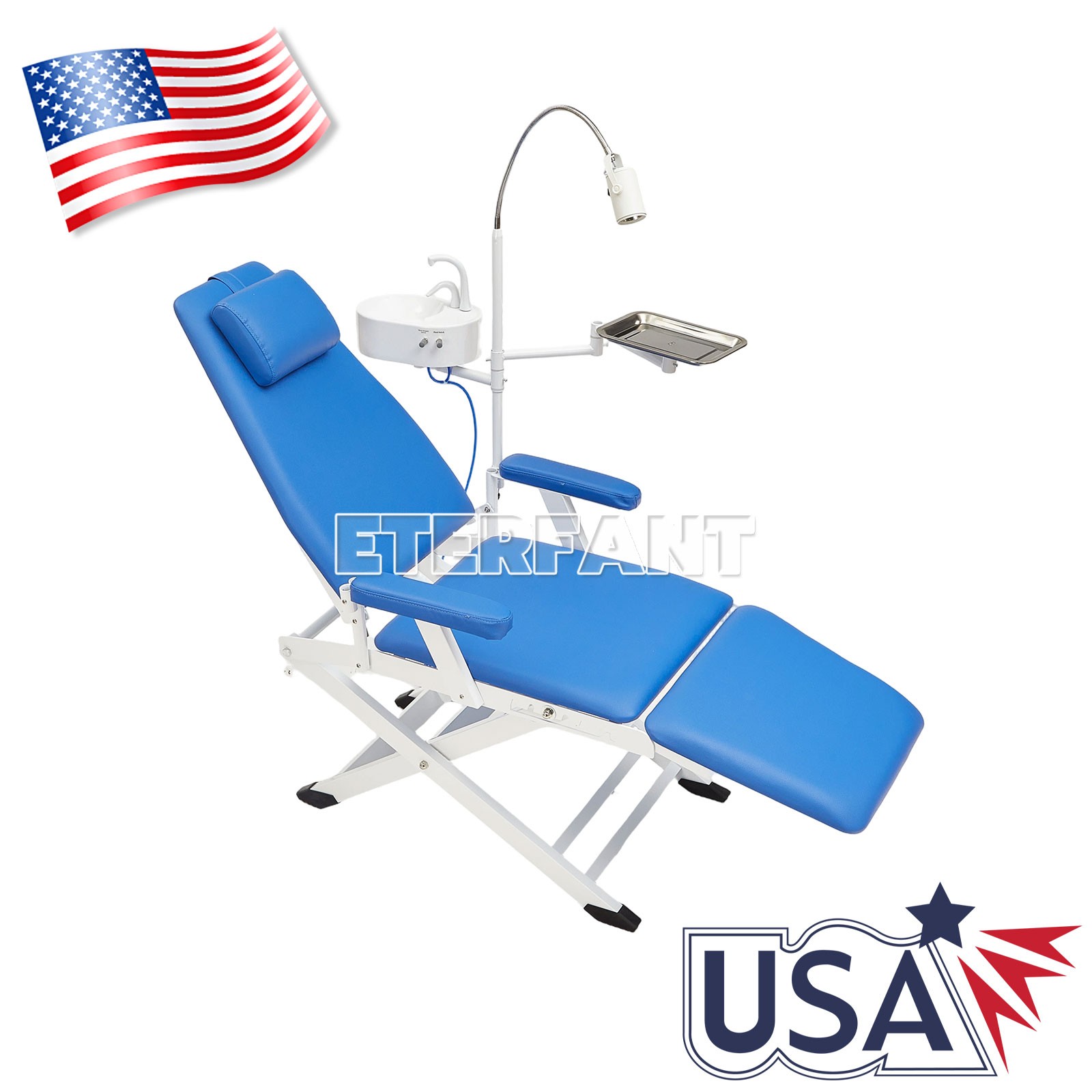Dental Portable Chair Mobile Folding Chair+Rechargeable LED Light+Tray Blue US