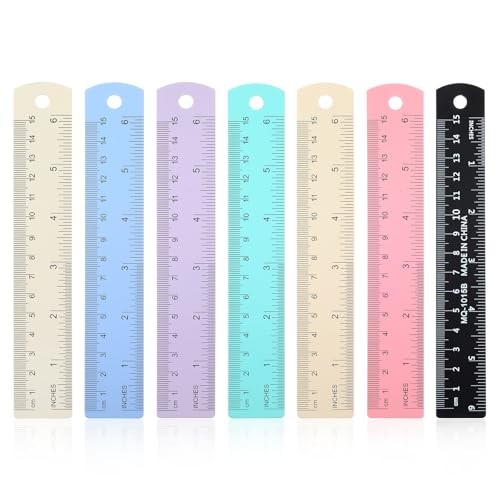 6 Inch Metal Ruler Set, 7 Pcs Colored Dual Scale Rule with Inches and