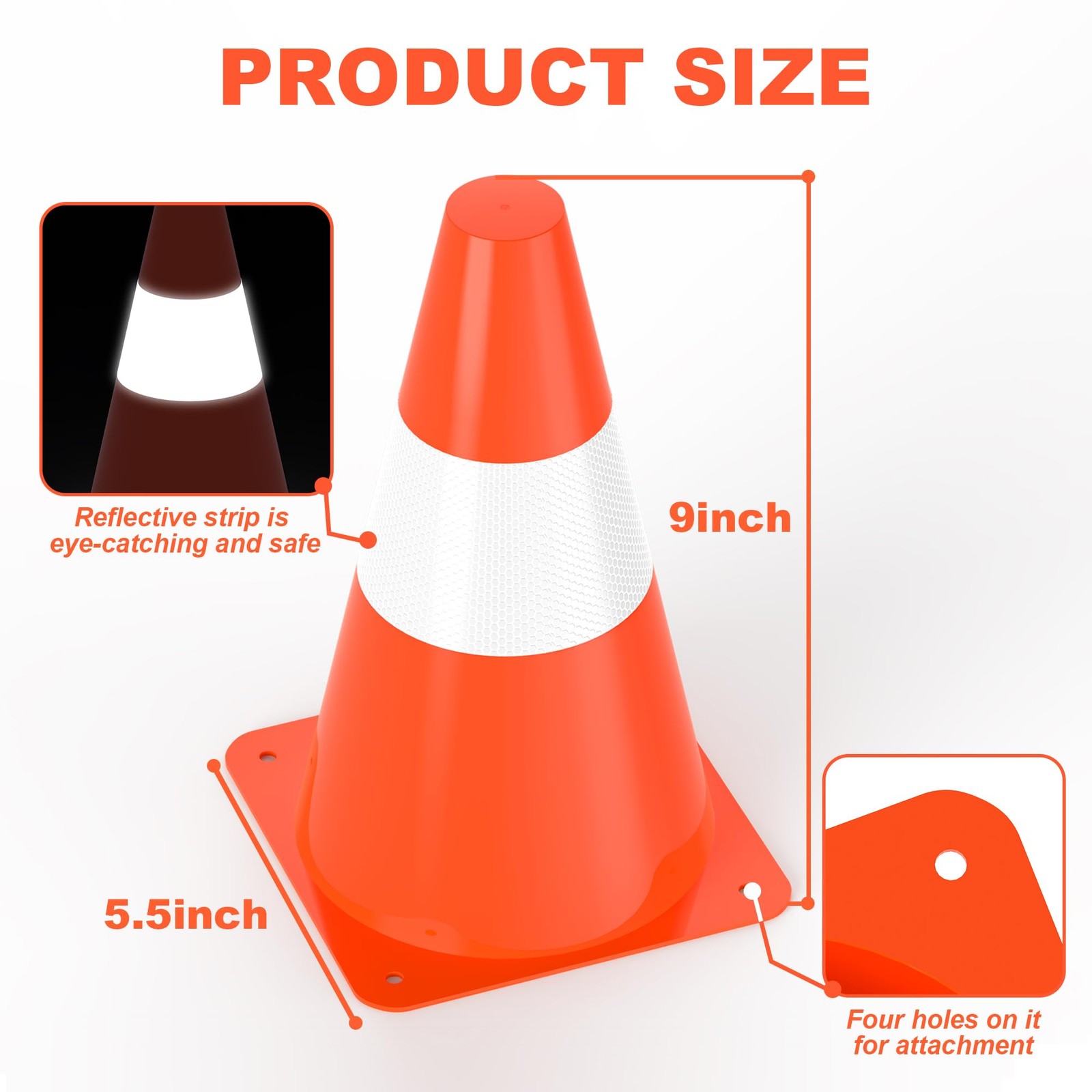 9 inch Traffic Safety Cones with Reflective Collars, [4 Pack] Orange Construc...