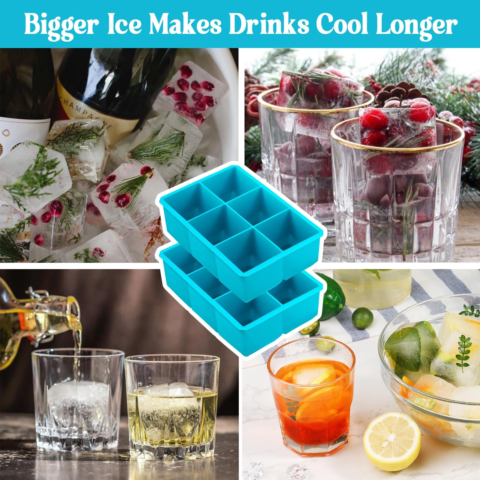 Webake 2 Inch Large Ice Cube Tray, Flexible Mold Square, Blue