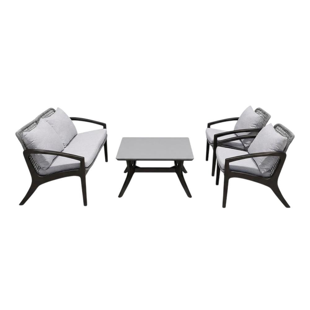 Outdoor Sofa In Dark Eucalyptus Wood And Gray Rope With White Cushions