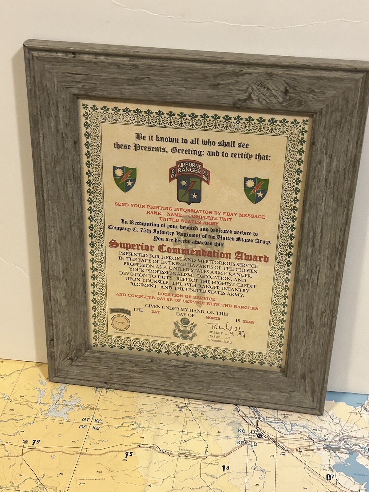 U.S. ARMY - 75TH RANGER / C CO - SUPERIOR COMMENDATION AWARD CERTIFICATE