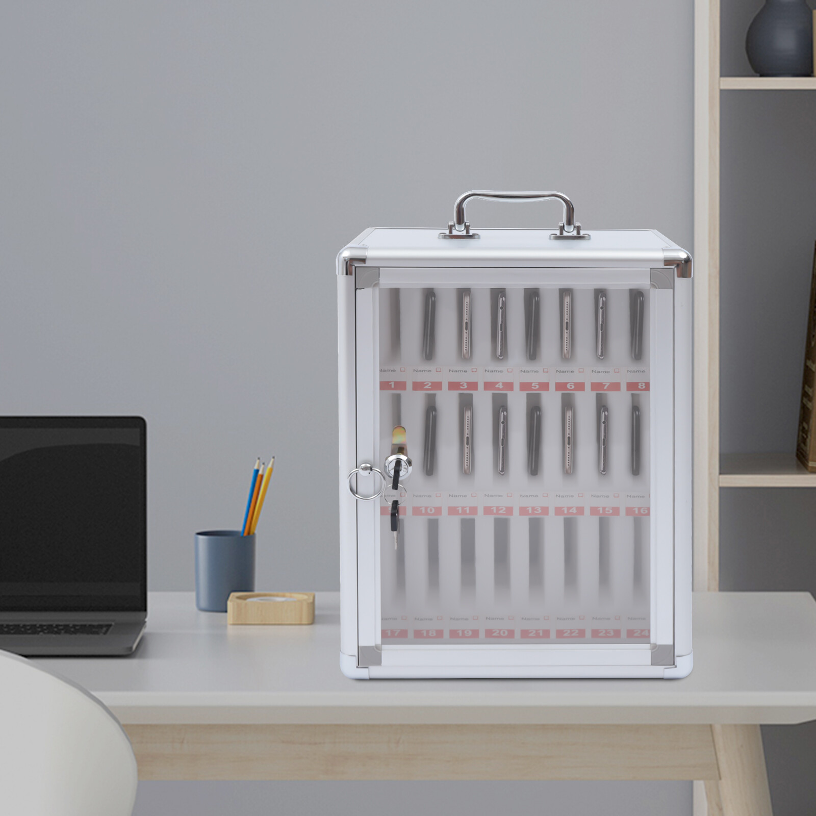 24-Compartment Lockable Cell Phone Storage Cabinet - Wall-Mounted Design