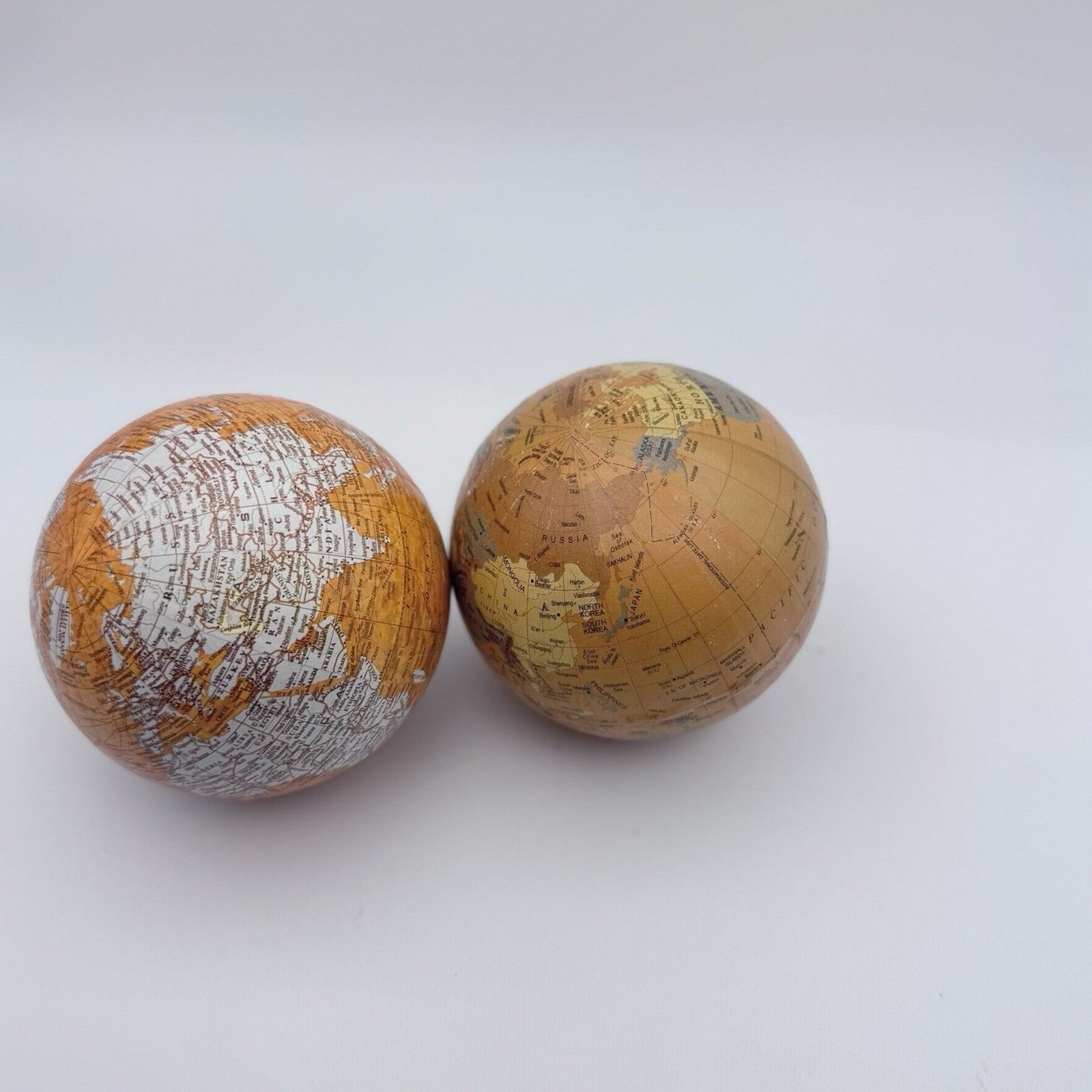 Set 2 Mini Decorative World Globe Balls 3" Desk Decor Gold Orange Map Academia