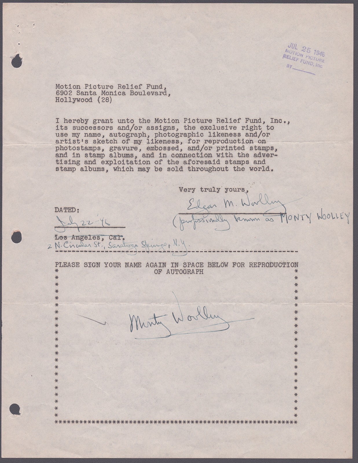 MONTY "THE BEARD" WOOLLEY - DOCUMENT DOUBLE SIGNED 07/22/1946