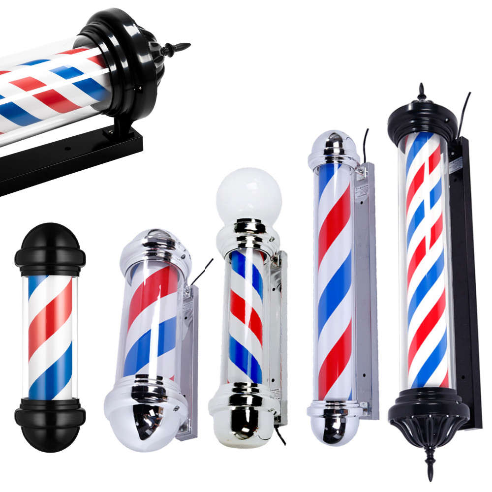 Barber Pole LED Light Red White Blue Stripes Rotating Metal Hair Salon Shop Sign