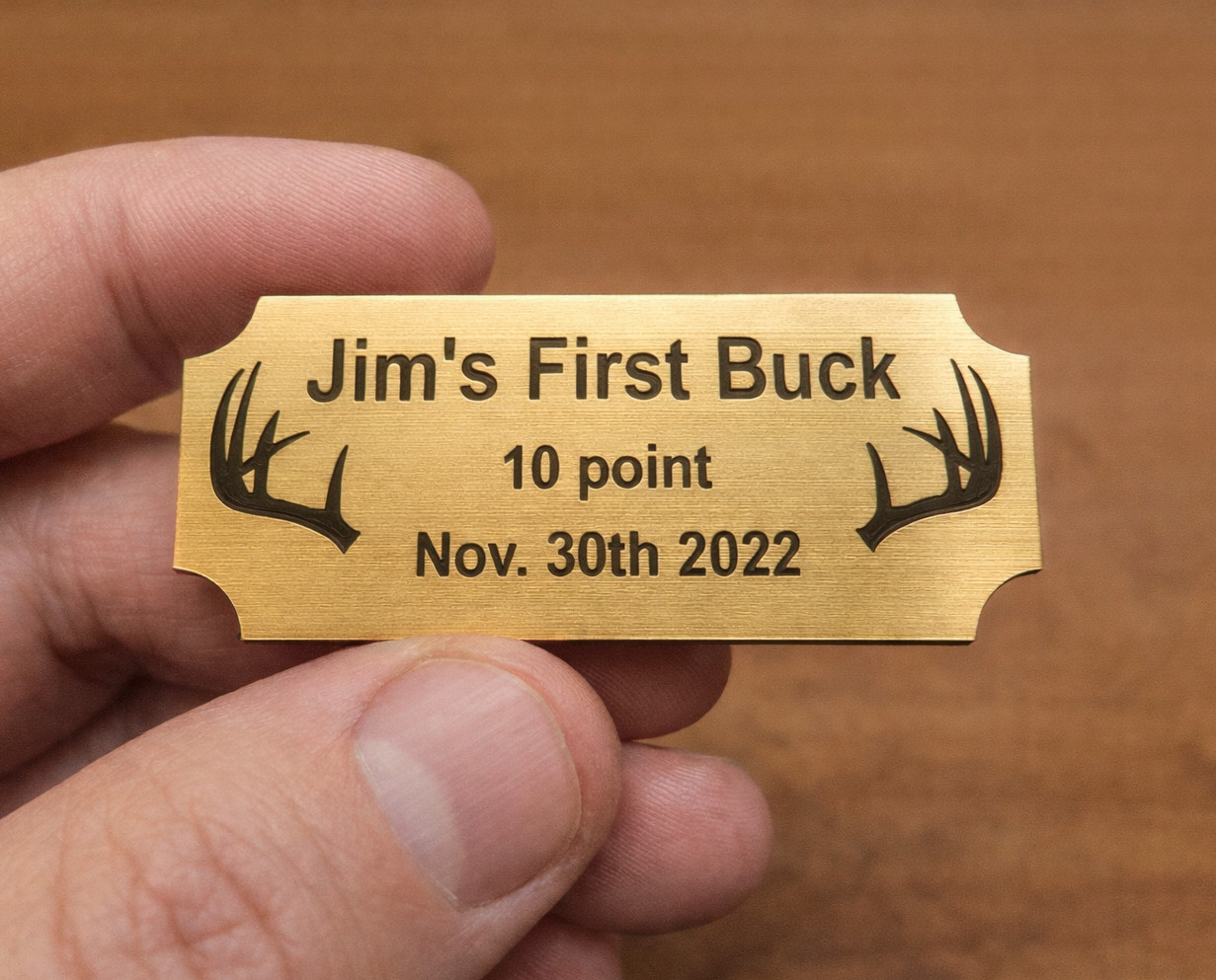 Custom Engraved 1.25x3 Gold Tone Buck Plaque / Name Plate 1st Deer Doe