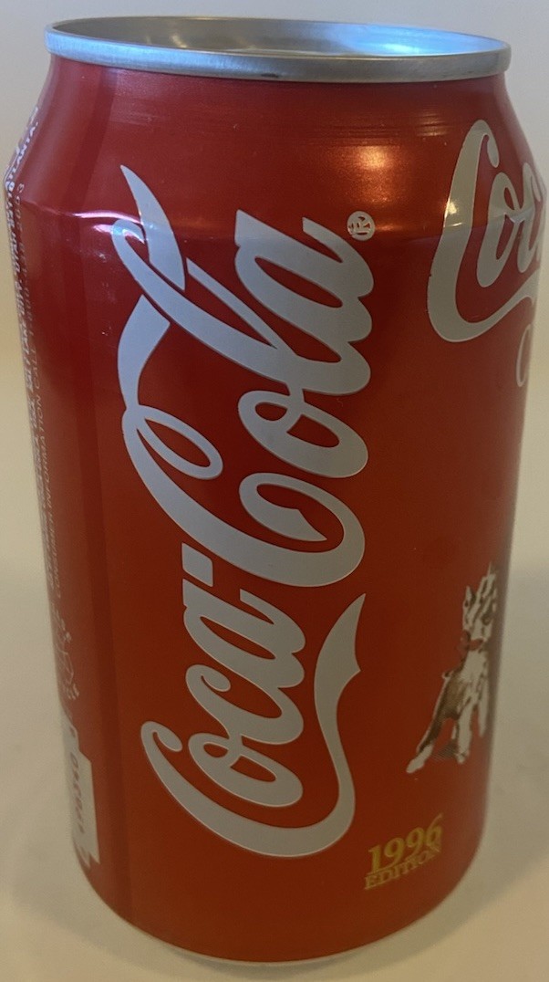 1996 12 oz. COKE CAN ( SANTA WITH DOG ) EMPTY BOTTOM OPENED