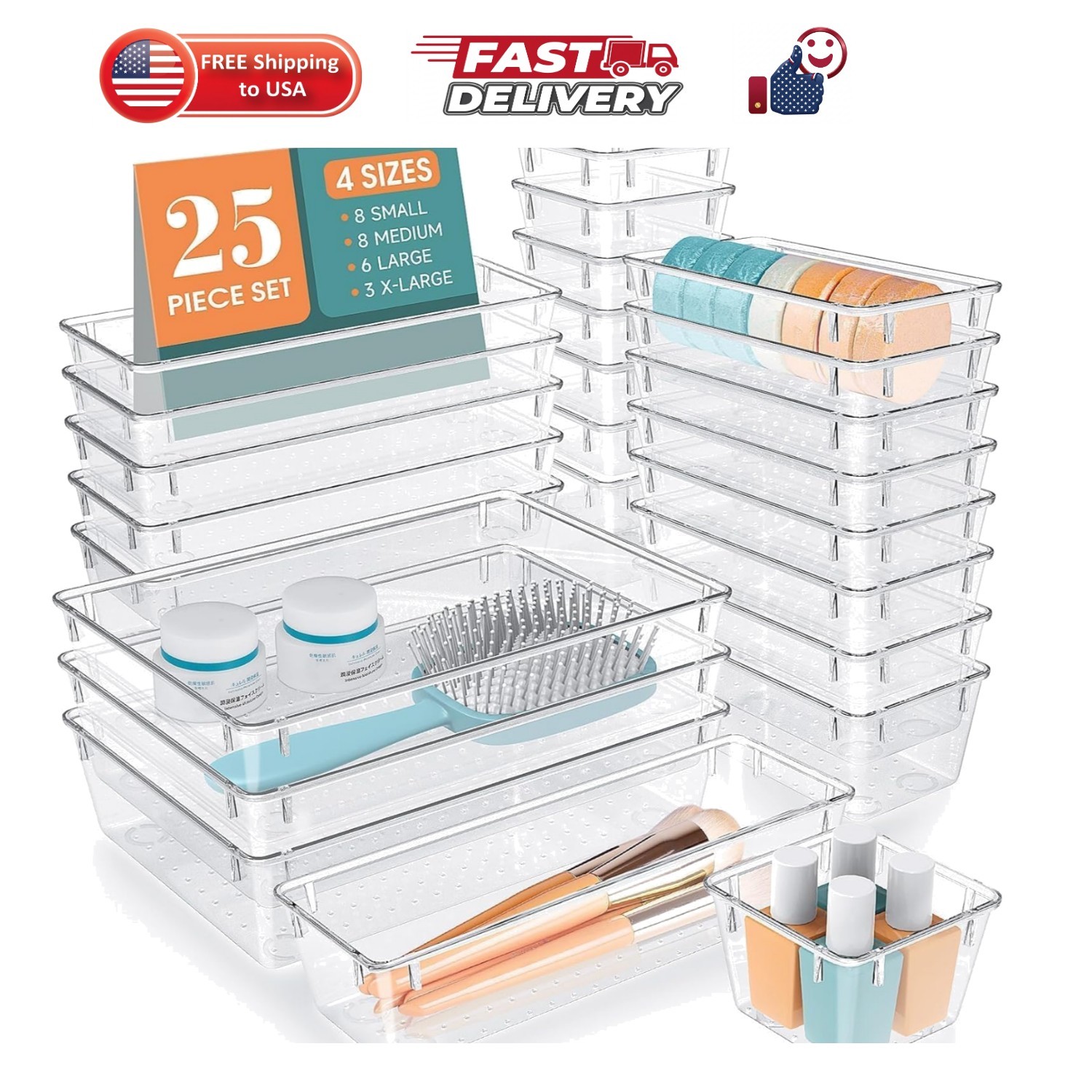 25 PCS Clear Plastic Drawer Organizer Set, 4 Sizes Desk Drawer Divider Organi...