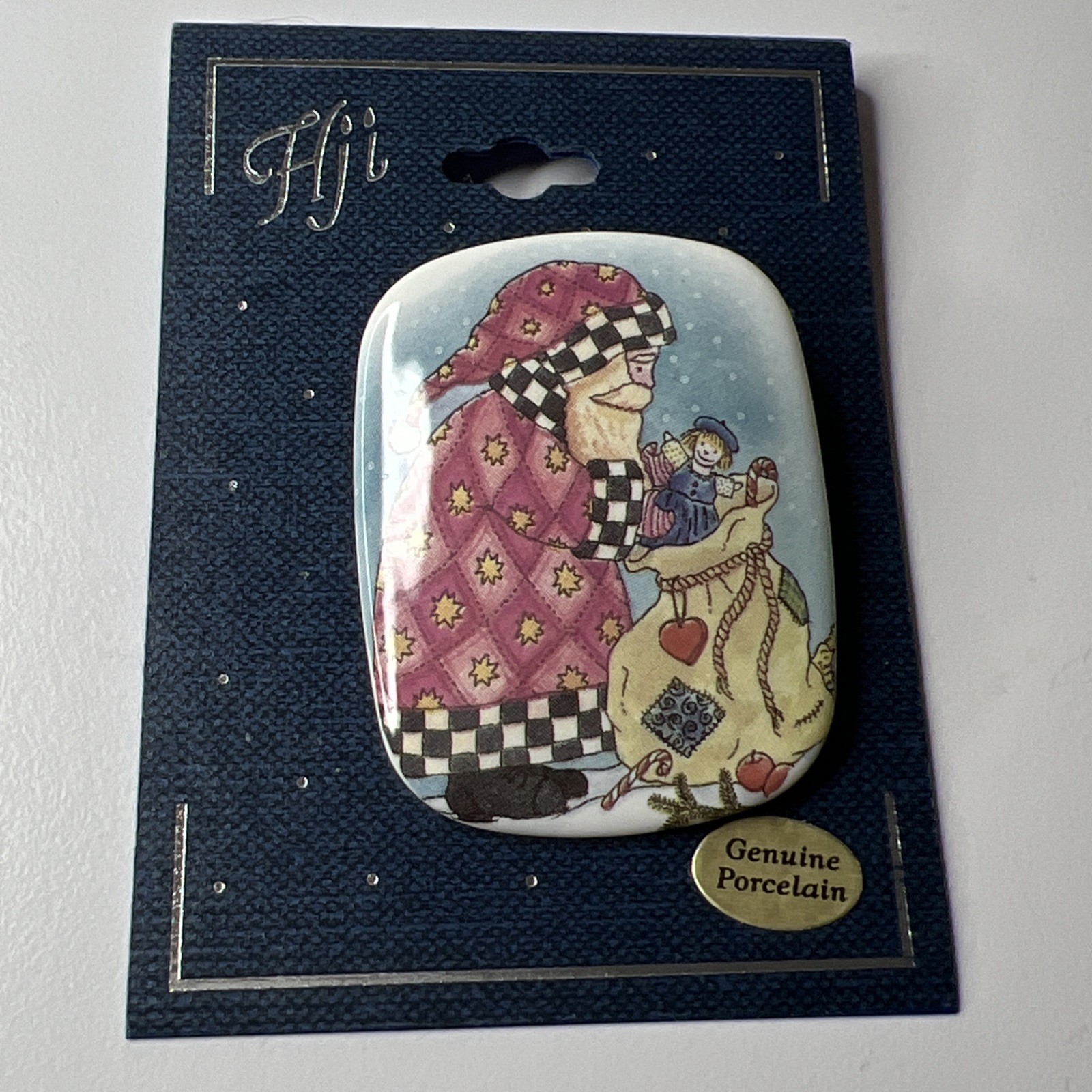 Vintage Santa w/Sack of toys Porcelain Christmas Pin HJI Holiday Pin New