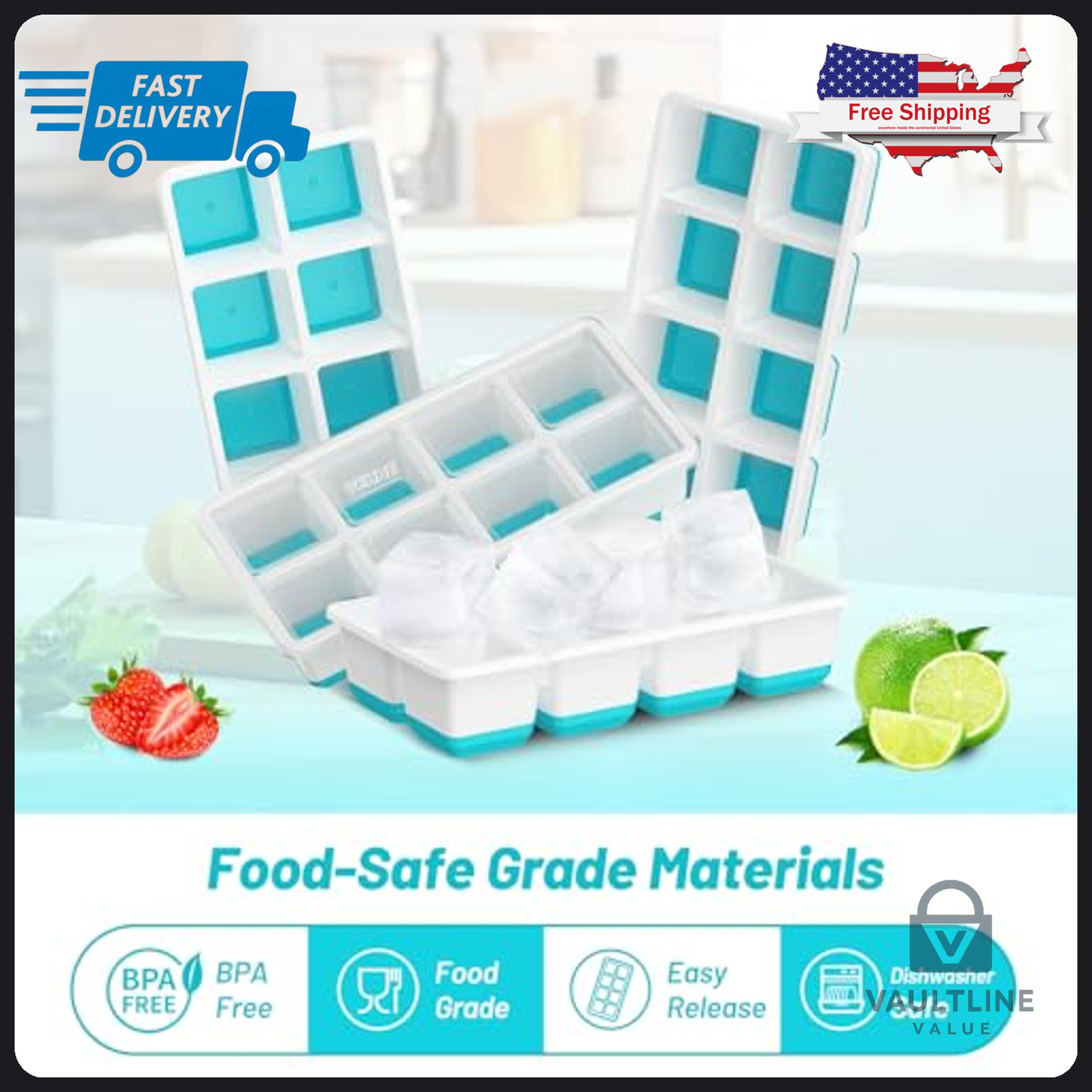 2 Pack VEHHE Silicone Ice Cube Trays with Lids - Large Square Mold - Blue