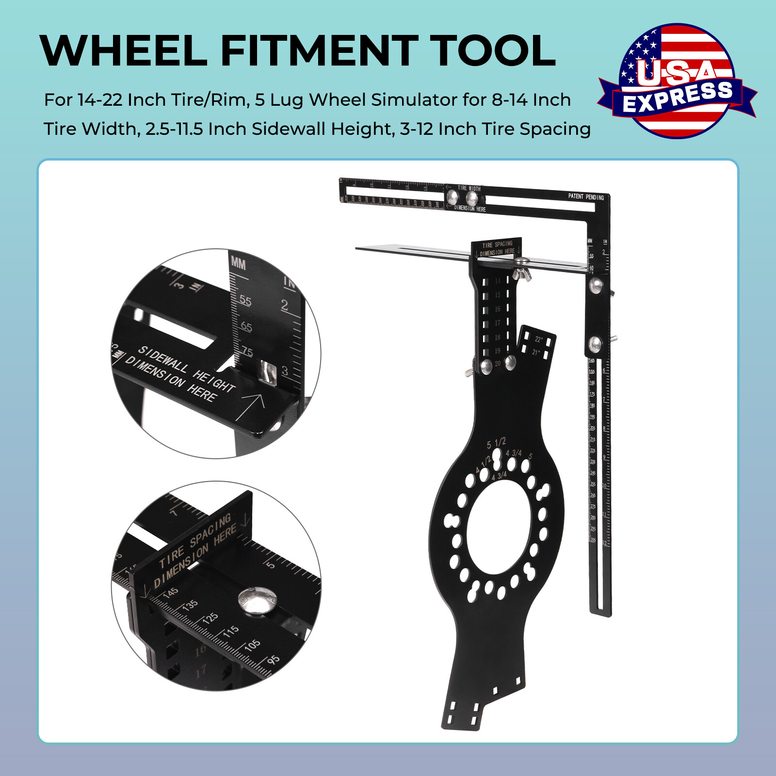 Wheel Fitment Tool, Wheel Offset Measuring Tool for 14-22 Inch Tire/Rim, 5 Lug
