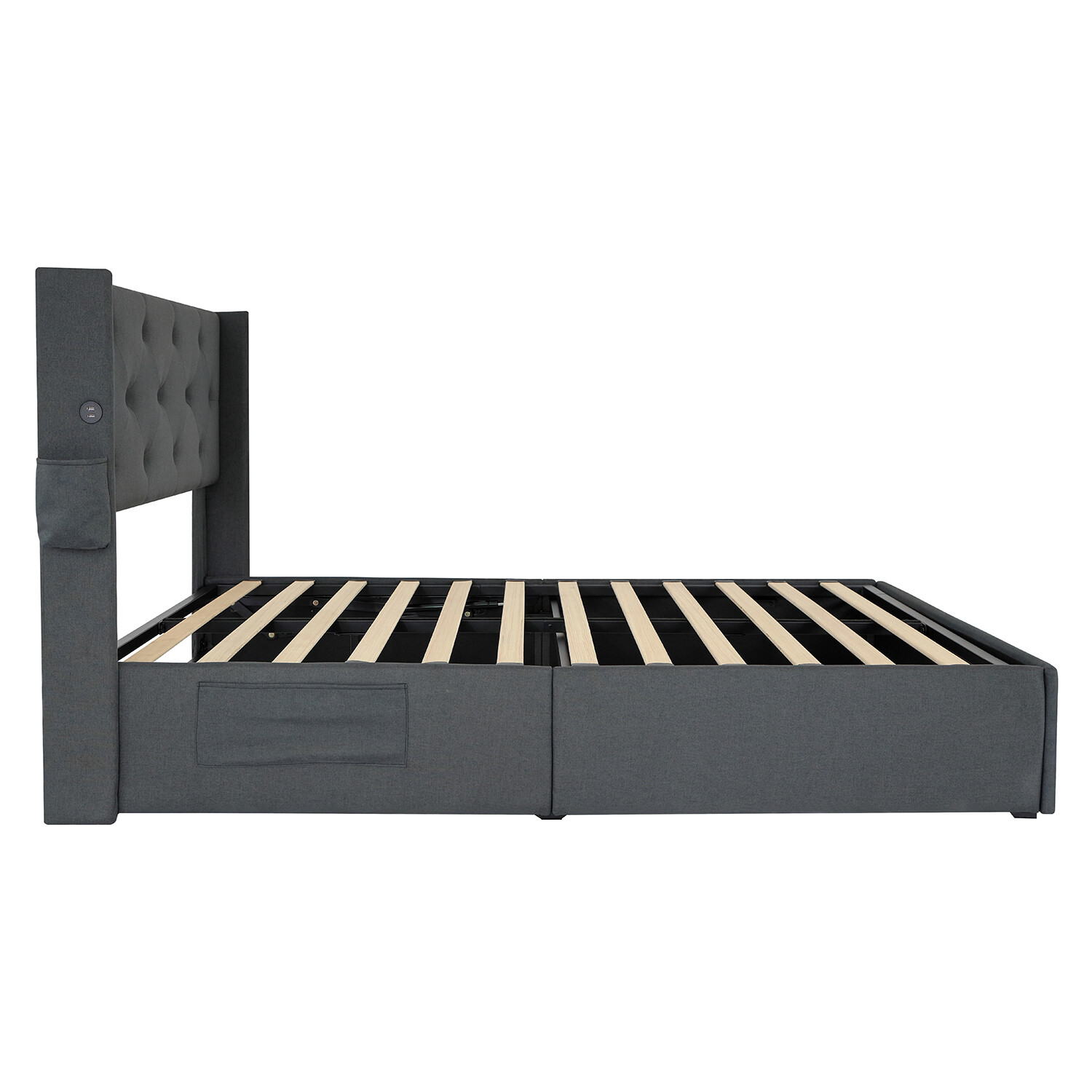 Queen Size Platform Bed Frame w/ Headboard & USB Ports and Storage Dark Gray