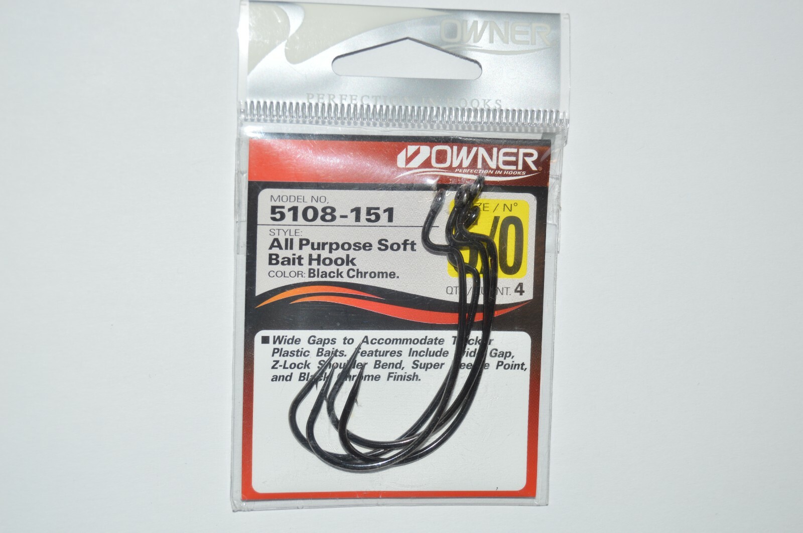 owner all purpose soft bait wide gap hooks size 5/0 4 per pack 5108-151