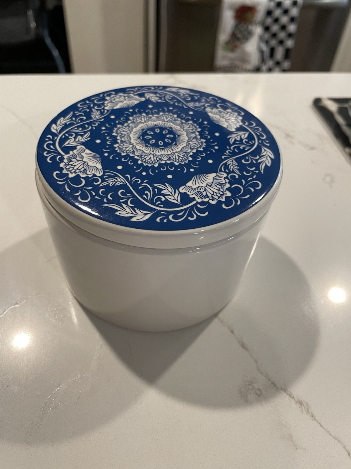 New Pretty Blue & Ivory Trinket Box w/Lid Sugar Bowl 4” Diameter 3” Tall