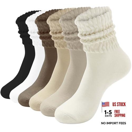 Women's Slouchy Crew Socks White Cushioned Scrunch Boot 5-13 6 Pairs Mix Color