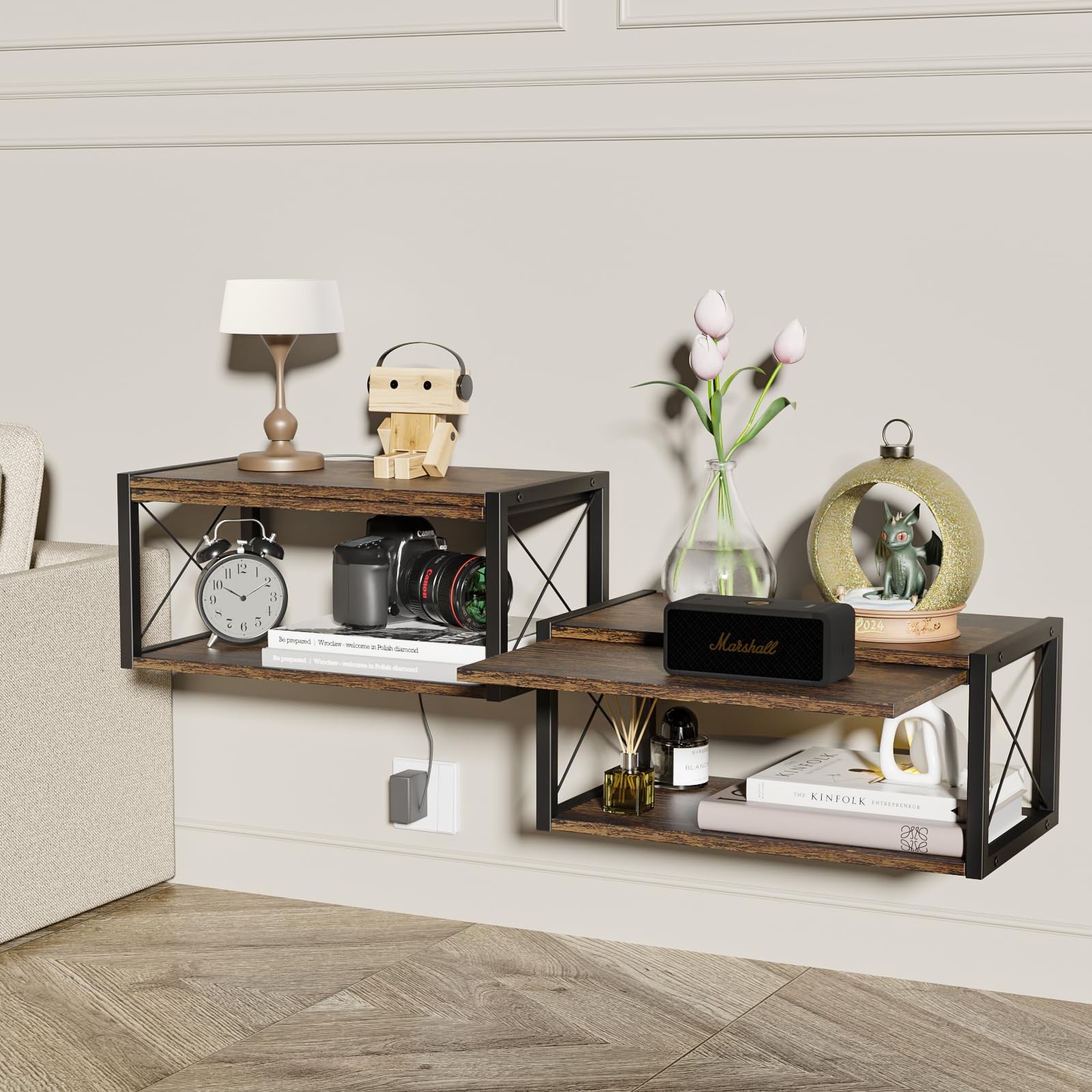 2-Tier Floating Nightstand, Wall Mounted Bedside Table, Wood Bedside Shelf Wa...