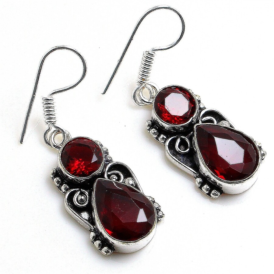 Mozambique Garnet Gemstone Handmade 925 Sterling Silver Jewelry Earring Sz 1.20"
