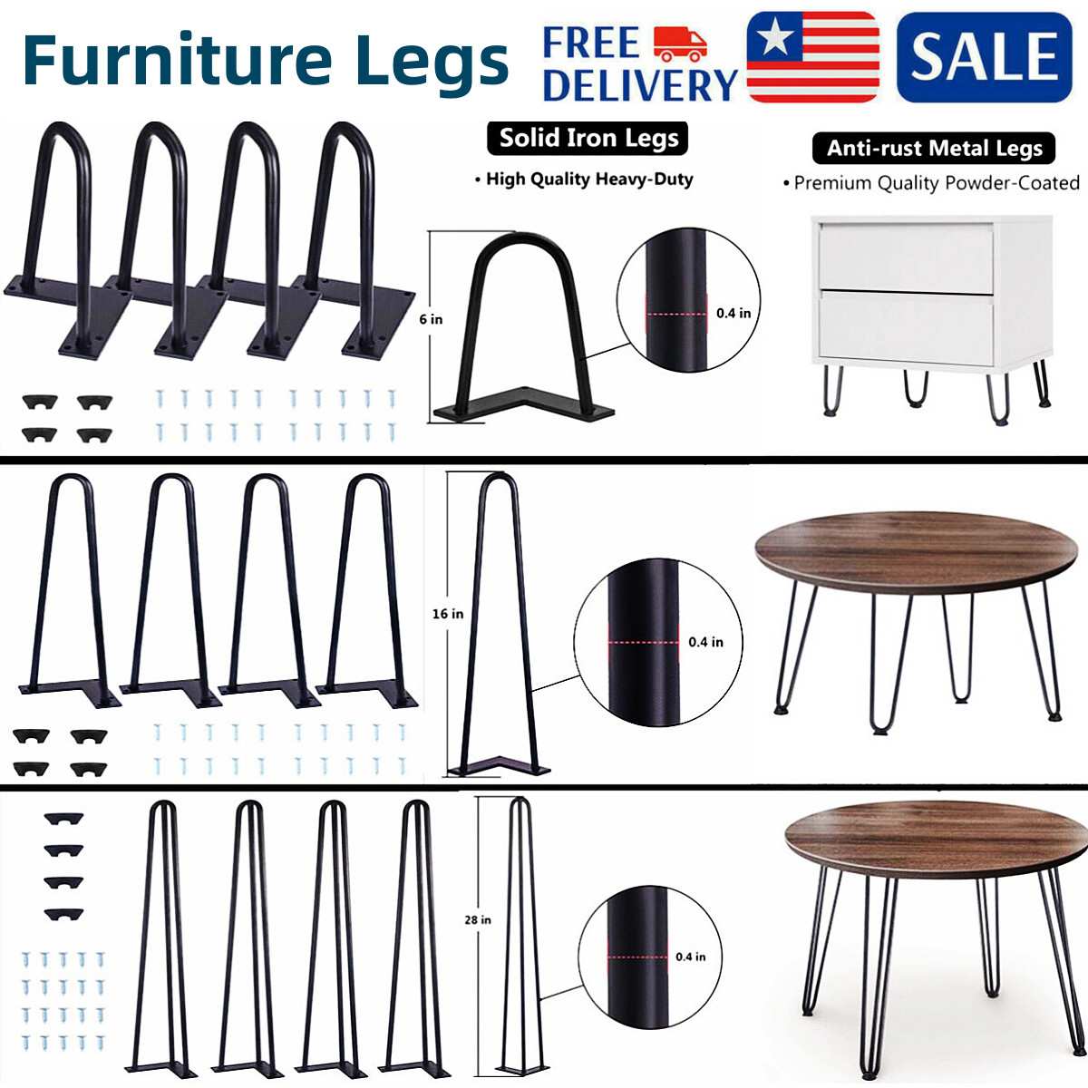6'' 16'' 28'' Coffee Table Metal Hairpin Legs Solid Iron Bar Black Set of 4 USA