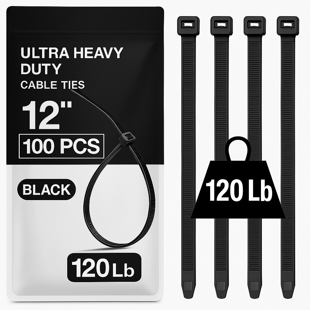 100 Heavy Duty Zip Ties 12 Inch Black Cable Ties 120lbs Strong for Home & Garden