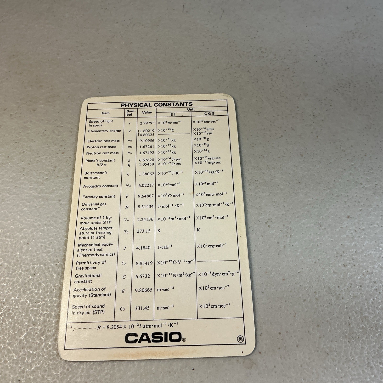 VINTAGE CASIO UNIT CONVERSION & PHYSICAL CONSTANTS CARD
