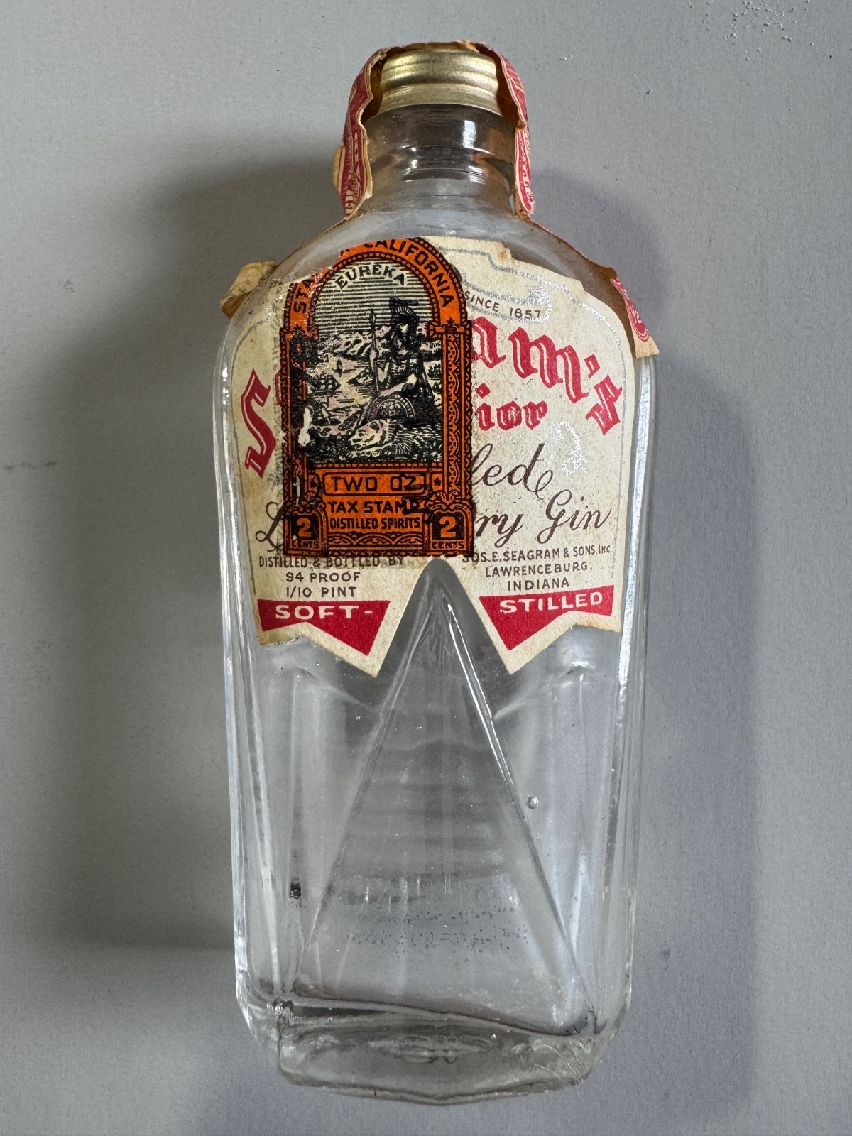 Seagram's Superior Gin Empty Miniature Glass Bottle DECO 1930's