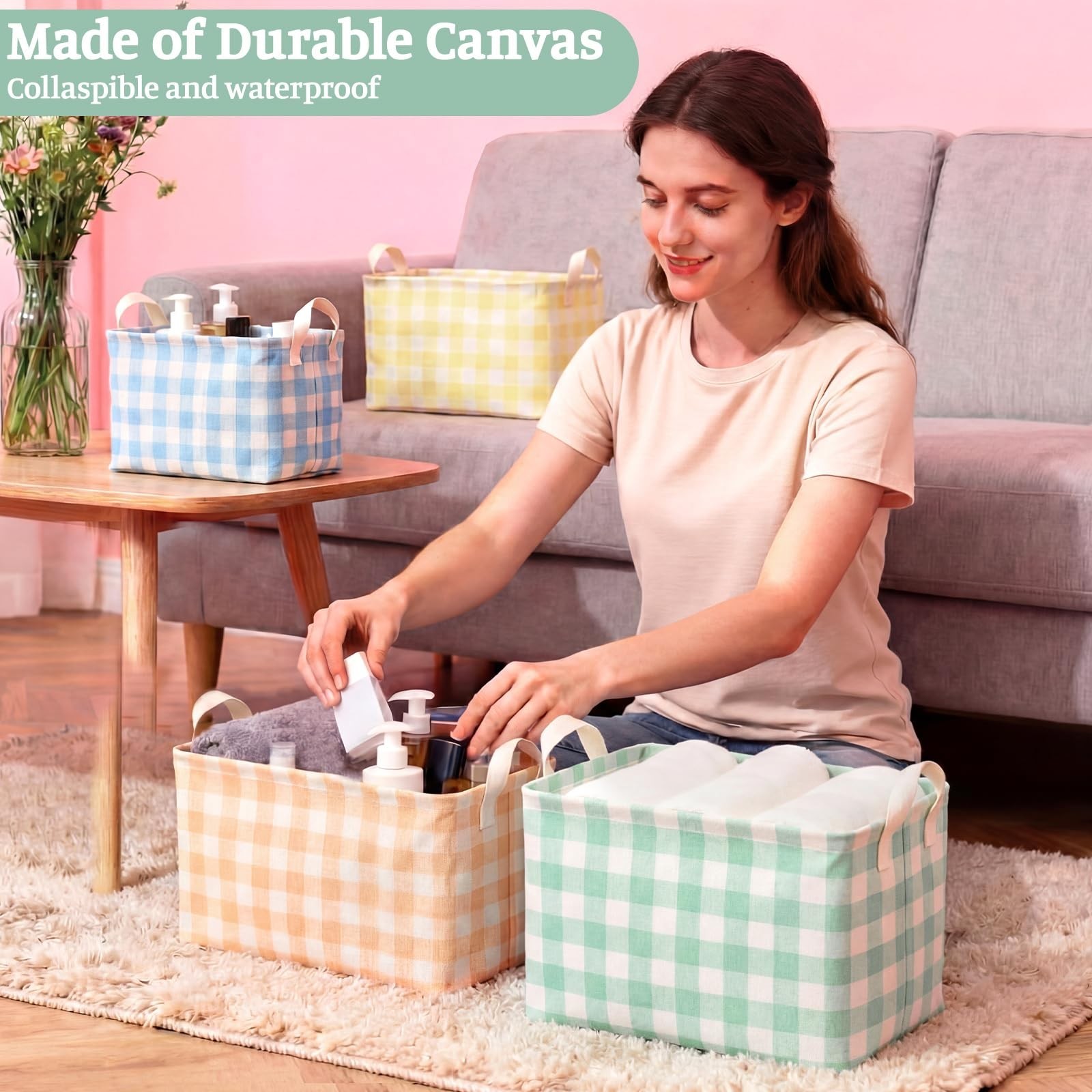 6 Pack Plaid Canvas Baskets Rectangular Storage Bins Collapsible Decorative O...
