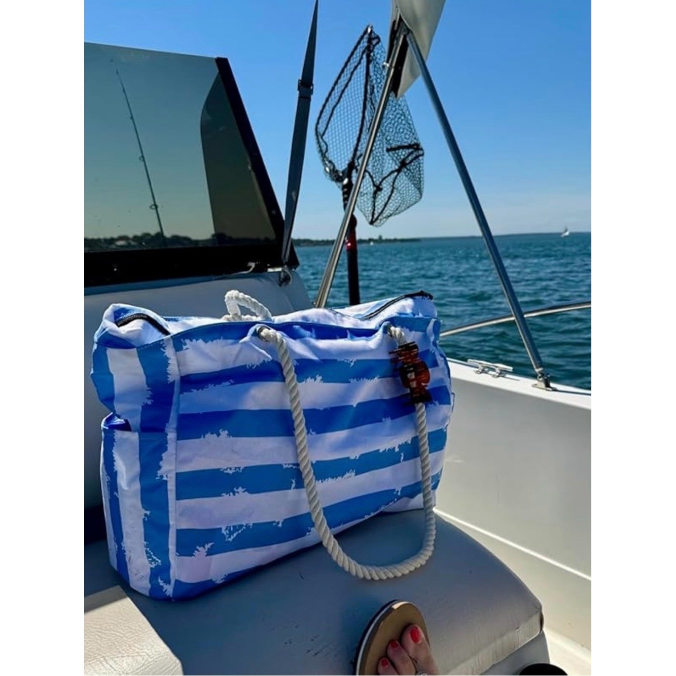 Striped Blue and White Nautical Rope-Handle Travel Tote NEW