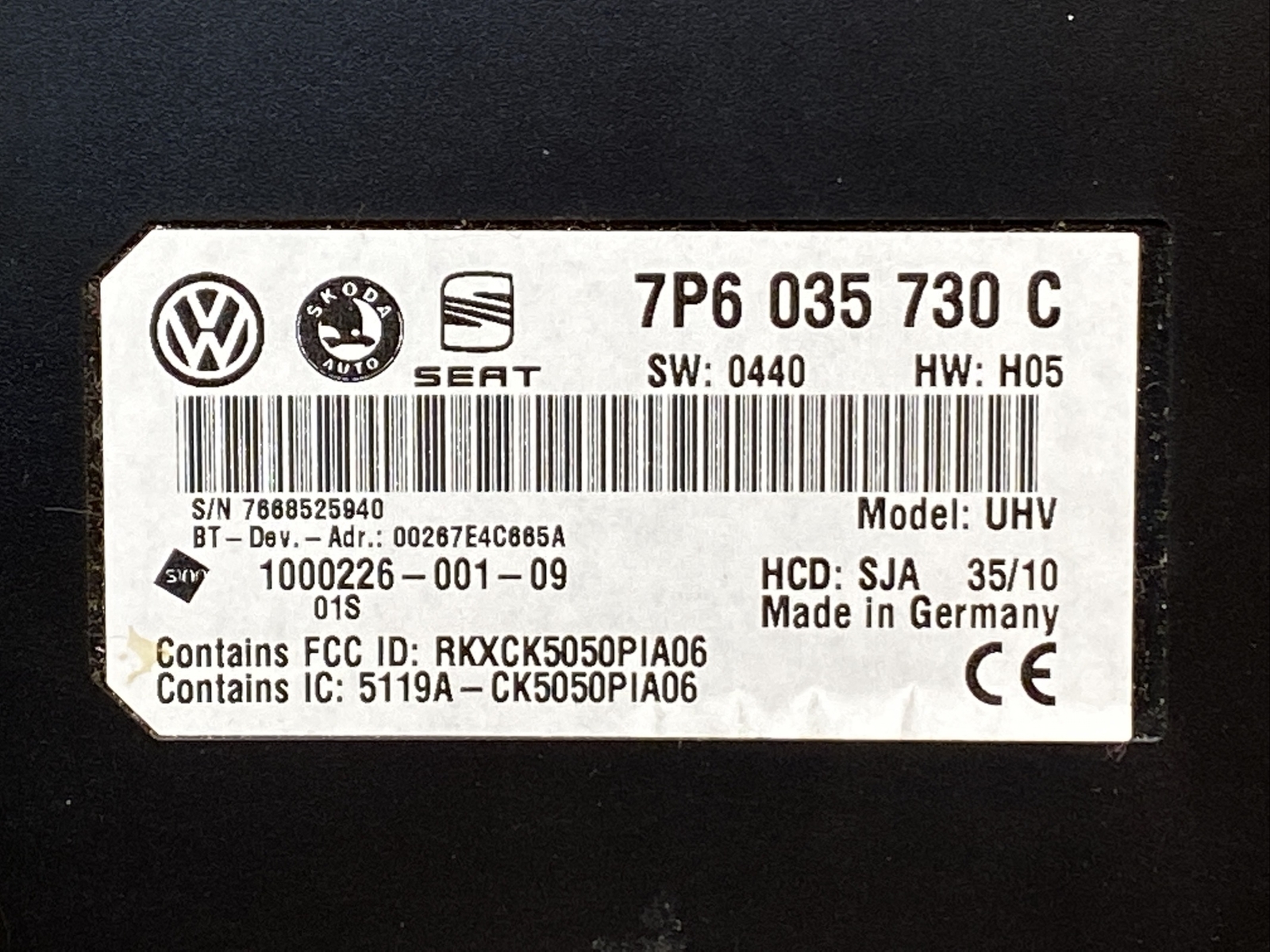 Volkswagen VW Bluetooth Communication Module 7P6 035 730 C 7P6035730C