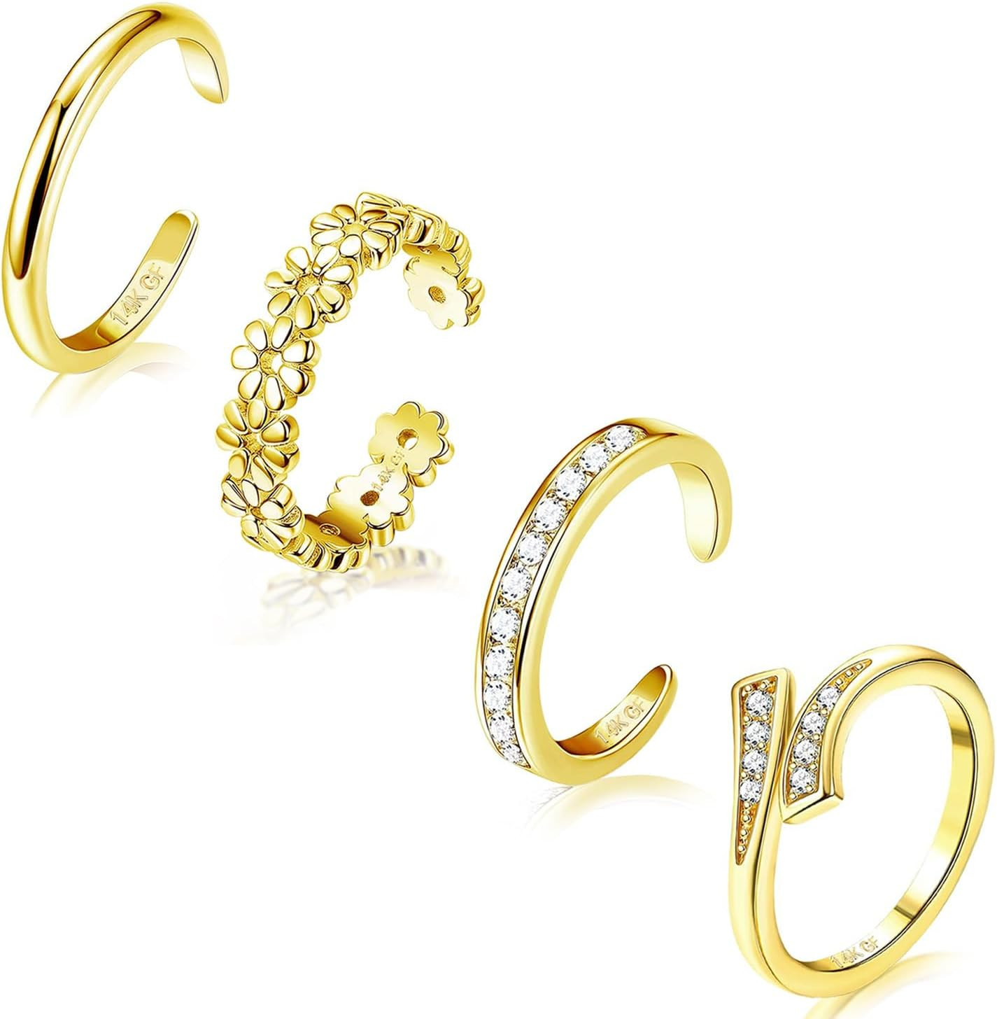 4PCS 14K Gold Filled Toe Rings for Women Adjustable Hug Flower Simple Band