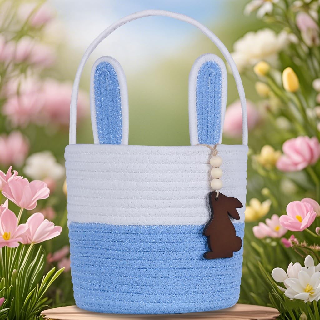 1 PCS Blue White Empty Easter Bunny Basket Name Tag Handle Kids