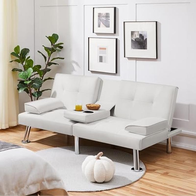 Convertible Sofa Bed Adjustable Couch Sleeper Folding Daybed W/ Cup Holders New