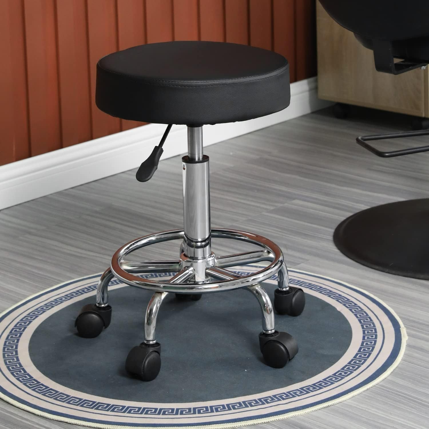 Round Rolling Stool with Adjustable Height and Wheels PU Cushion for Massage Spa