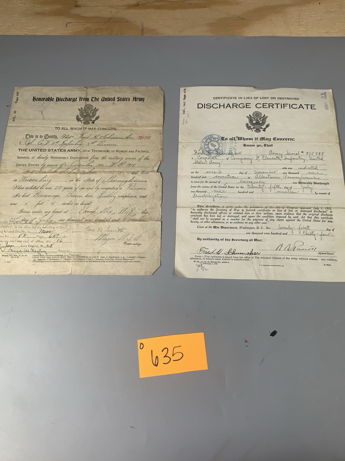 WW US Group to Cpl Fred Schumaker 11th Infantry 5th Division O635