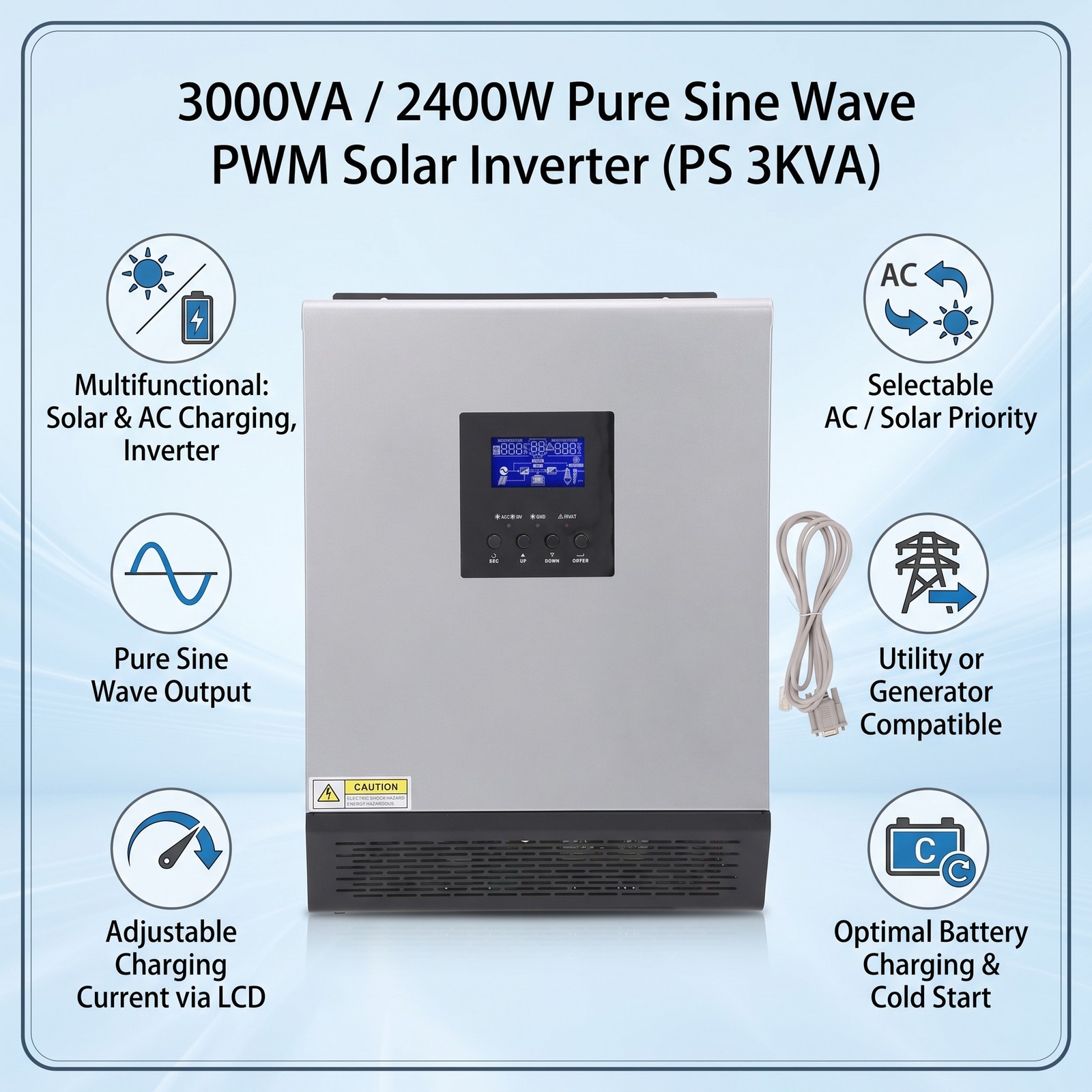 2400W PWM Solar Inverter Pure Sine Wave 3KVA Support Generator Mains Input Cold