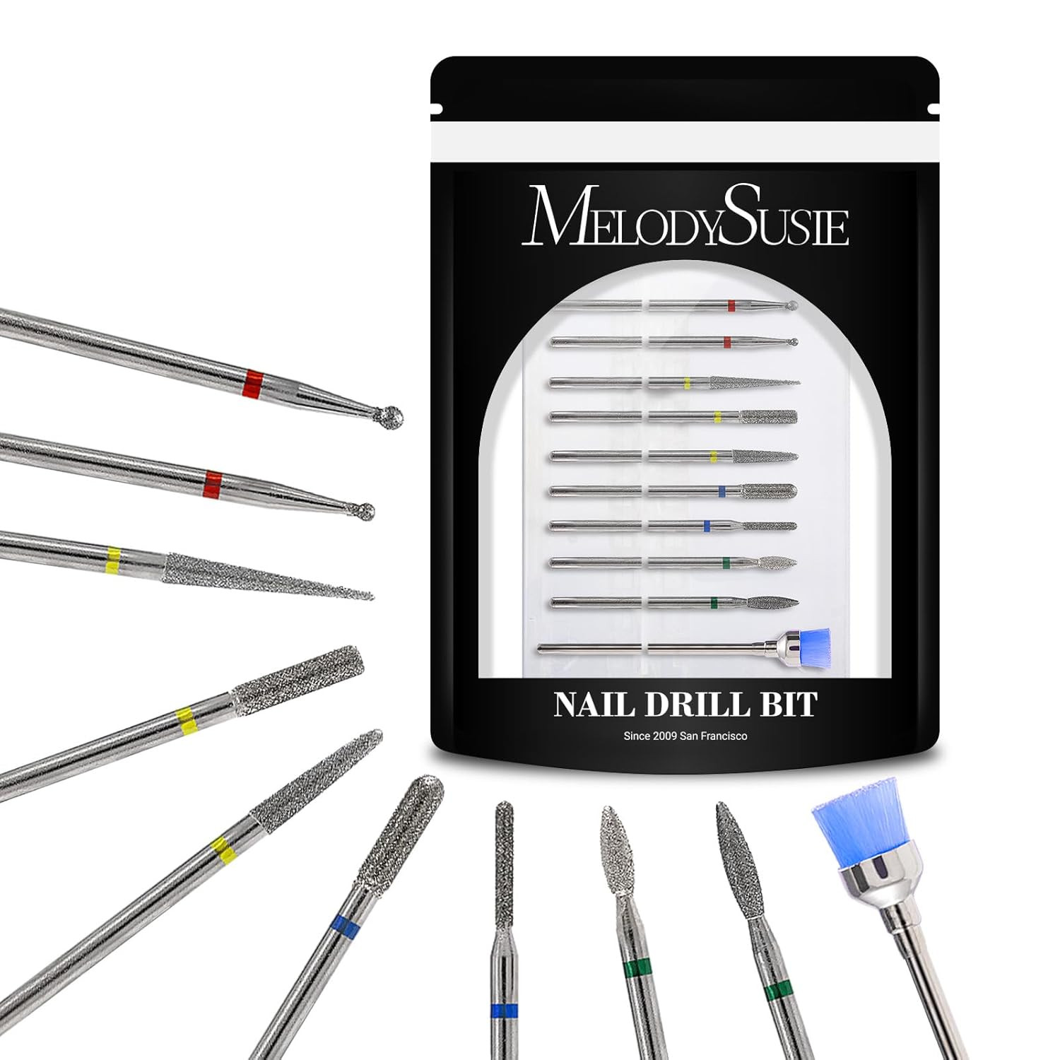 Melodysusie 10Pcs Nail Drill Bits Set, 3/32 Inch Diamond Cuticle Nail Bits Kit f