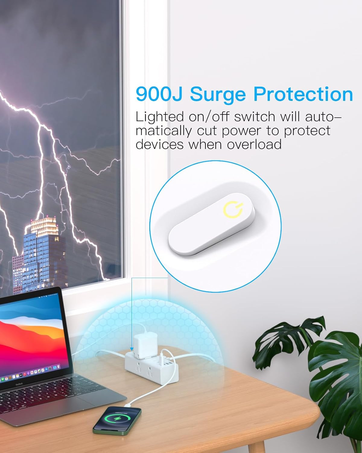 15Ft Extension Cord with Multiple Outlets, Flat Plug Power Strip Surge Protector