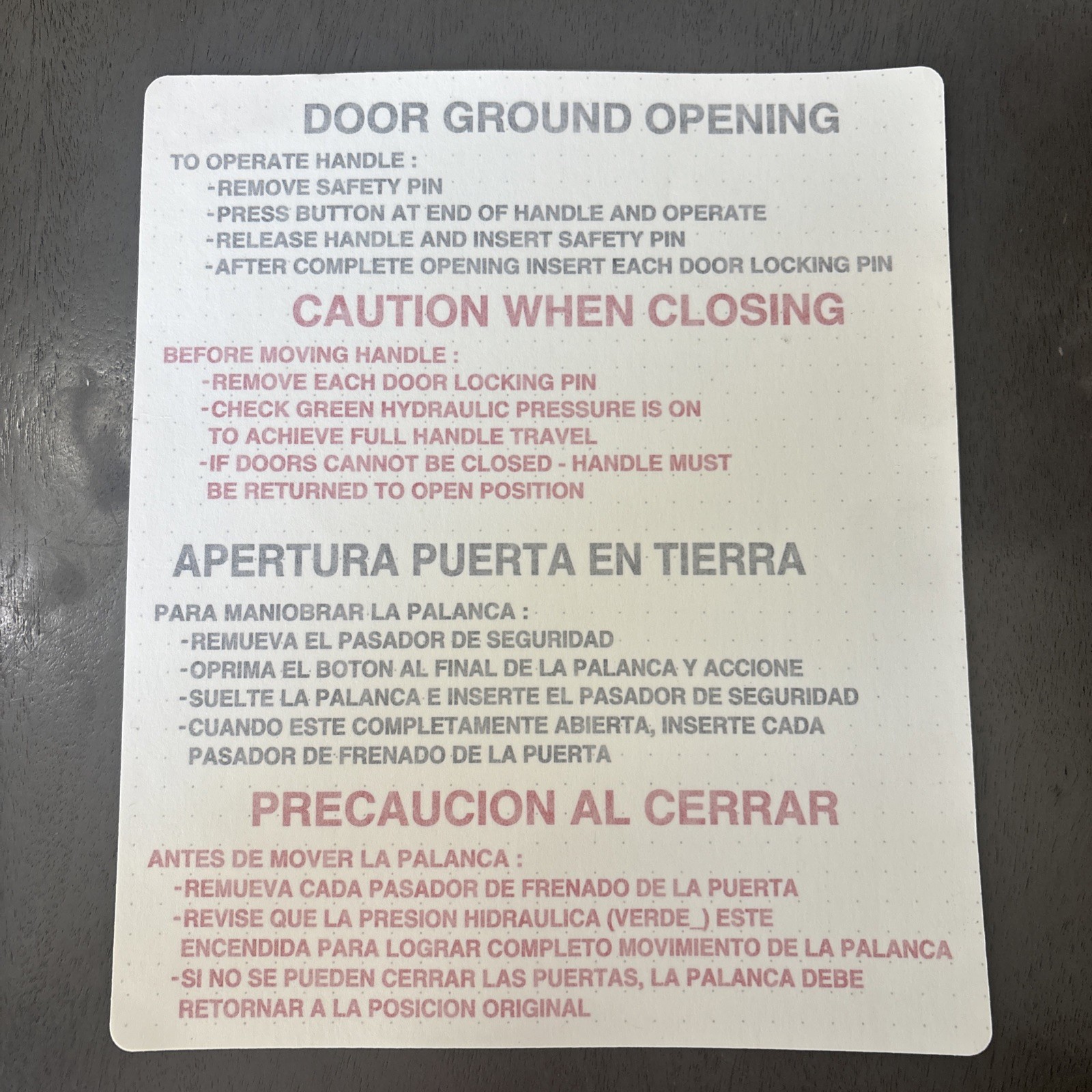 Genuine Aircraft Door Ground Opening Instruction Placard English/Spanish OEM New