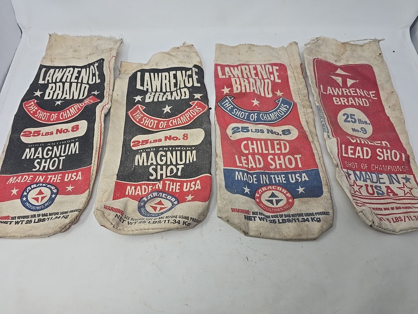Lot Of 4- SHOTGUN LAWRENCE BRAND 25 LBS #8 #9 MAGNUM SHOT LEAD SHOT BAGS EMPTY