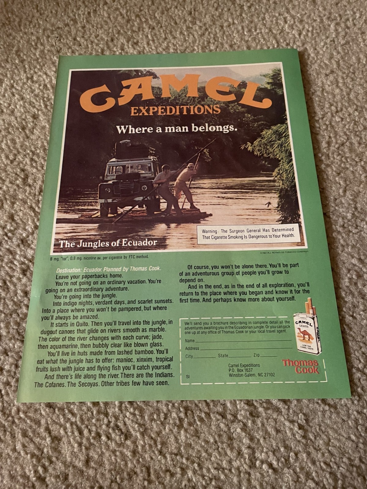 Vintage 1981 CAMEL LIGHTS CIGARETTES PRINT AD "EXPEDITIONS - WHERE A MAN BELONGS